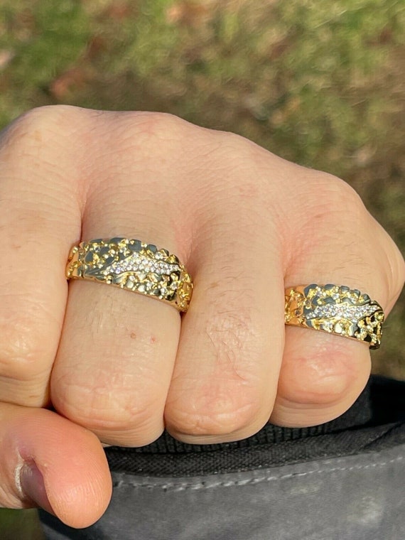 Men s Women s Claw Mark Iced Out NUGGET Pinky Ring 14k Gold Over