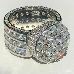 Herrenring Iced Out Groß Rund 925 Sterling Silber Simulierter Diamant Hip Hop Rapper Bling Pinky Ring Größen 7-13