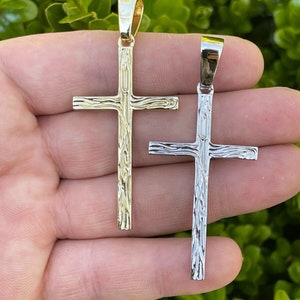 Large 2&quot; Handmade Solid 925 Sterling Silver Men&#39;s Women&#39;s Plain Cross Pendant in 14k Yellow Gold or Rhodium Finish