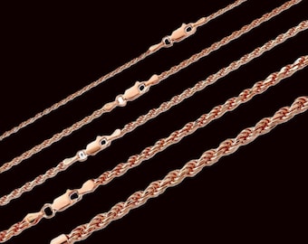 Collar de cadena de cuerda de oro rosa de 14k sobre plata de ley, acabado pulido brillante.