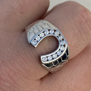 Men&#39;s or Women&#39;s Real Solid 925 Sterling Silver Iced Out Simulated Diamond Lucky Horseshoe Ring Sizes 7 thru 13....R14