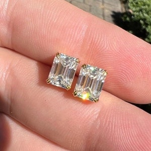 MOISSANITE Emerald Cut Solitaire Stud Earrings 14k Gold Over 925 Sterling Silver, PASSES DIAMOND Tester! 4ct tw, 2ct each stone (6mm x 8mm)