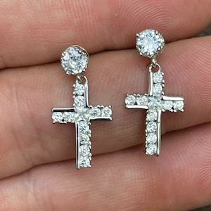Men&#39;s Women&#39;s Solid 925 Sterling Silver Iced out Simulated Diamond Dangle Drop Cross Earrings