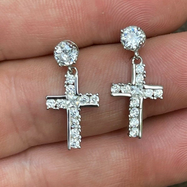 Boucles d'oreilles pendantes pendantes en argent sterling 925 avec diamants simulés glacés pour homme et femme