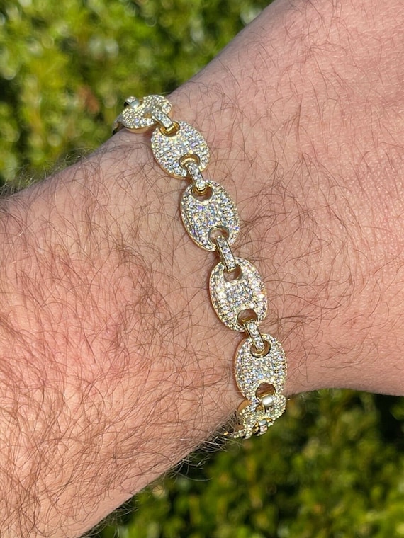 Iced Out 10mm Mariner Link Bracelet: 14k Gold Over Sterling Silver