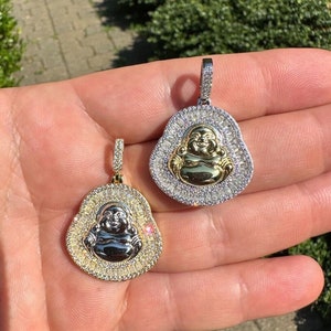 Moissaniet-boeddha-hanger voor mannen of vrouwen, tweekleurig massief 925 sterlingzilver, gouden afwerking, PASSES DIAMOND TESTER!!