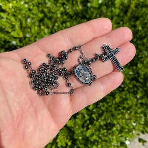 Men&#39;s Women&#39;s Black Iced Out Diamond Oxidized 925 Sterling Silver Rosary Beads Necklace 4mm Beads 24&quot; (28&quot; with drop)
