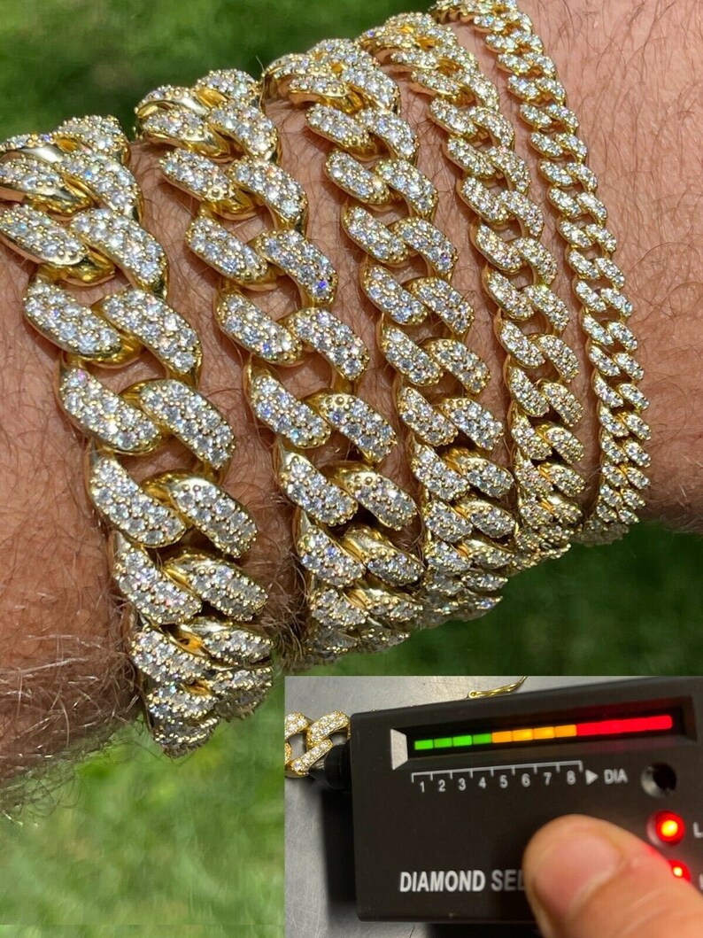 thumbnail interactive-video image 1 of Iced Moissanite Rope Bracelet For Men – 14k Gold Over Stainless, 2.5ct, Passes Tester, Hip Hop Style 1 of 2