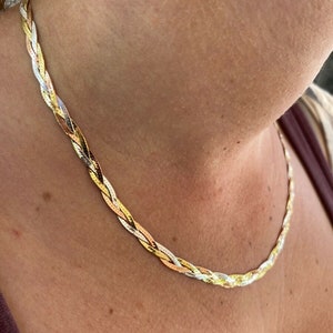 Women’s 5mm Flat Solid 925 Sterling Silver TRI-COLOR Silver/Gold/Rose Twisted/Braided Herringbone Necklace  14"-24" Glossy Finish