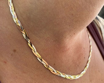 Women’s 5mm Flat Solid 925 Sterling Silver TRI-COLOR Silver/Gold/Rose Twisted/Braided Herringbone Necklace  14"-24" Glossy Finish