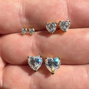 Women&#39;s Moissanite Heart Shaped Cut Stud Screwback Earrings Gold Vermeil over 925 Sterling Silver, PASSES DIAMOND TESTER!!! 3mm, 5mm or 7mm
