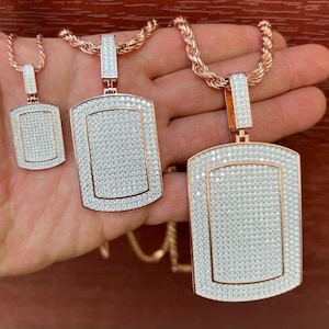 Herren Damen 14k Rose Gold Vermeil über 925 Sterling Silber Dog Tag Iced Out Hip Hop Rapper Anhänger Erhältlich in 3 Größen ... P644 / 647/650