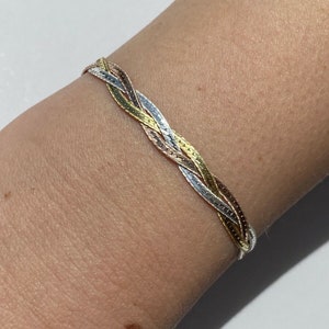 Women’s 5mm Flat Solid 925 Sterling Silver TRI-COLOR Silver/Gold/Rose Twisted/Braided Herringbone Bracelet, 6" - 8.5" Matte Finish