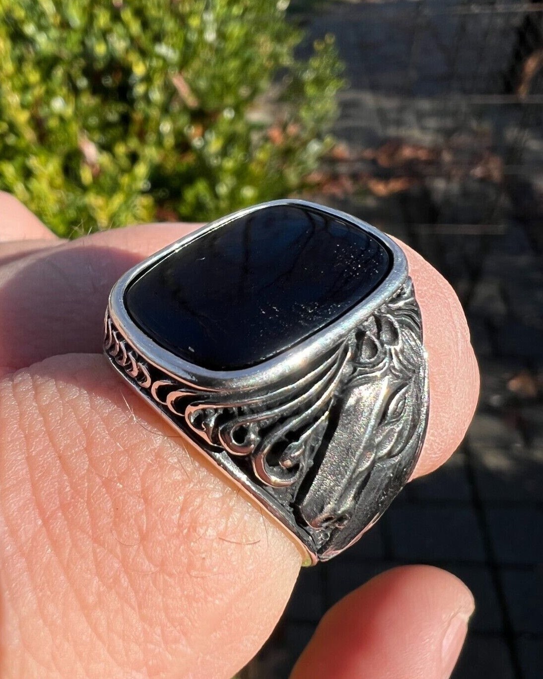 Men's Oxidized Sterling Silver Ring: Black Onyx Horse Design - Etsy