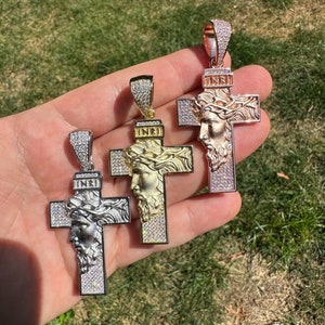 Moissanite Cross Pendant with Jesus Face 2&quot; x 1.5&quot; Solid 925 Sterling Silver, Rhodium, 14k Gold or Rose Gold Finish, PASSES DIAMOND TESTER!!