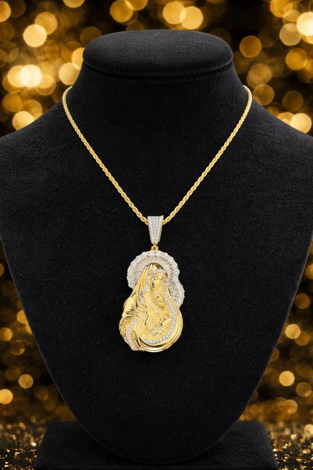 Iced Virgin Mary Pendant: 925 Sterling Silver, 14k Gold Finish ...