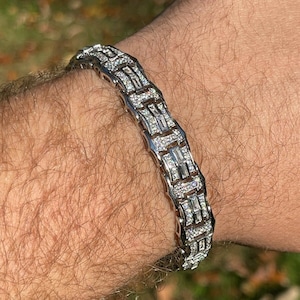 Men&#39;s Unique Custom Made Iced Out Baguette Solid 925 Sterling Silver 12mm Bracelet Available in 7&quot; or 8.5&quot; lengths