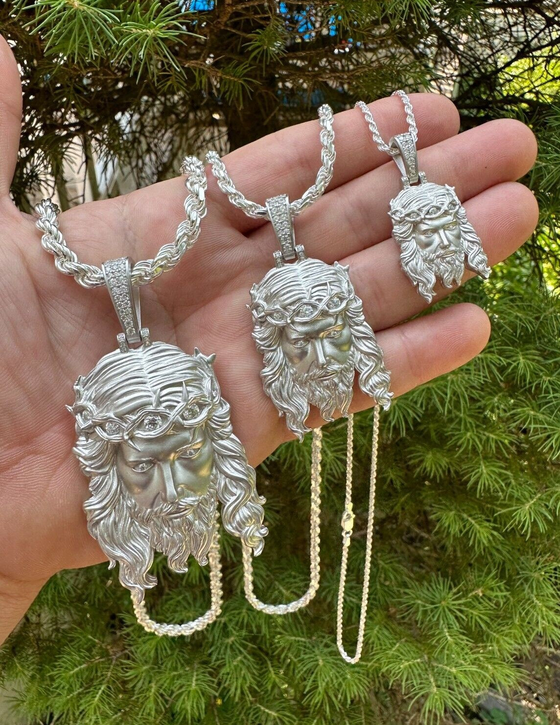 Solid 925 Sterling Silver Jesus Pendant, Matte Sandblasted