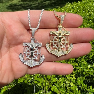 Men&#39;s Jesus Christ Anchor Cross Pendant Real MOISSANITE Solid 925 Sterling Silver, Gold or Rhodium Finish, PASSES DIAMOND Tester!!!