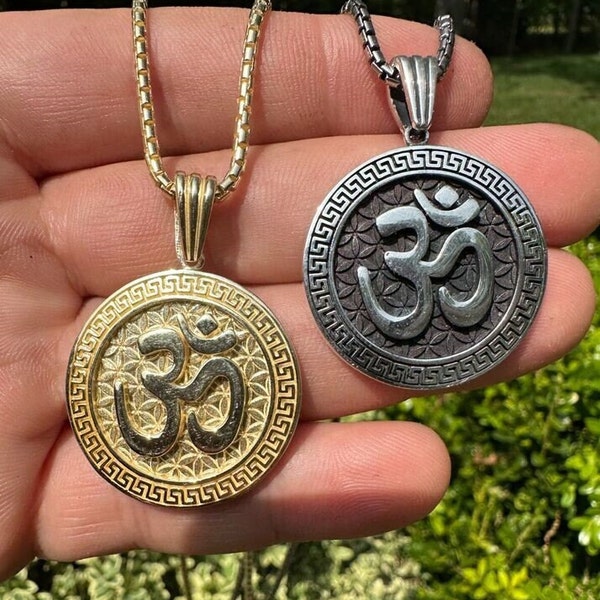 Men's Women's 925 Sterling Silver Hindu Meditation Charm Pendant Om Aum Medallion, Natural Silver w/Blackened Rhodium OR 14k Gold Finish