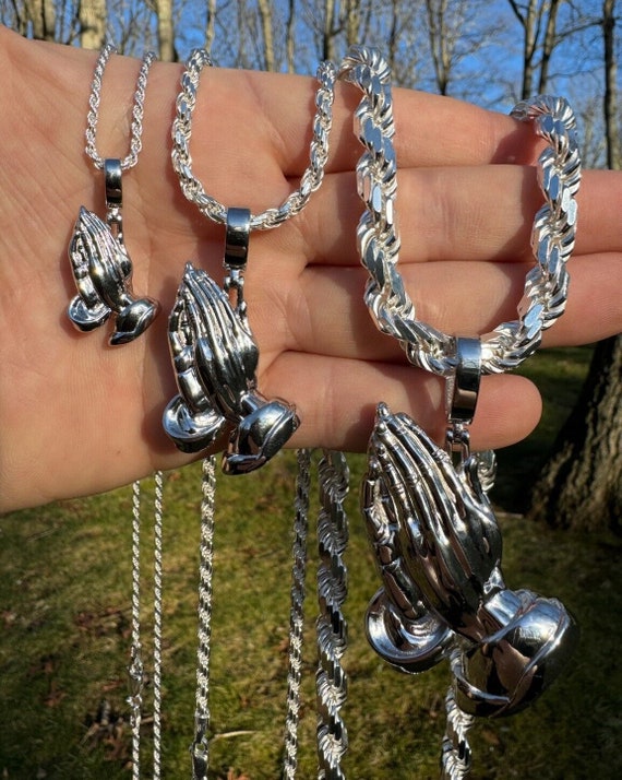 Praying Hands Religioius Pendant, Solid 925 Sterling Silver With