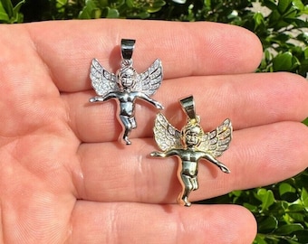 Iced Out Sterling Silver Angel Pendant: Rhodium or 14k Gold Finish