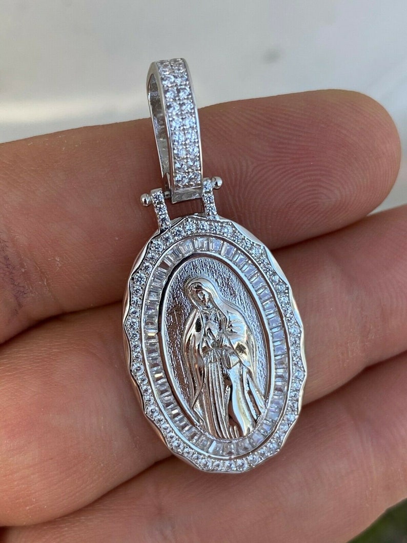 Virgin Mary Baguette Diamond Sterling Silver Medallion Pendant - 14k ...