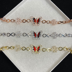 Women&#39;s Girls 925 Sterling Silver Butterfly Infinity Clover Iced Out Red Bracelet Adjustable 7-8&quot;, Rhodium, Rose Gold, 14k Yellow Gold