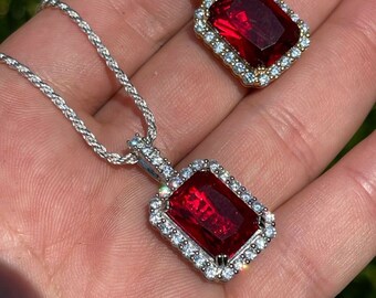 thumbnail interactive-video image 1 of Men's 925 Sterling Silver Icy Bling Simulated Ruby Charm Pendant Hip Hop Style 1 of 6