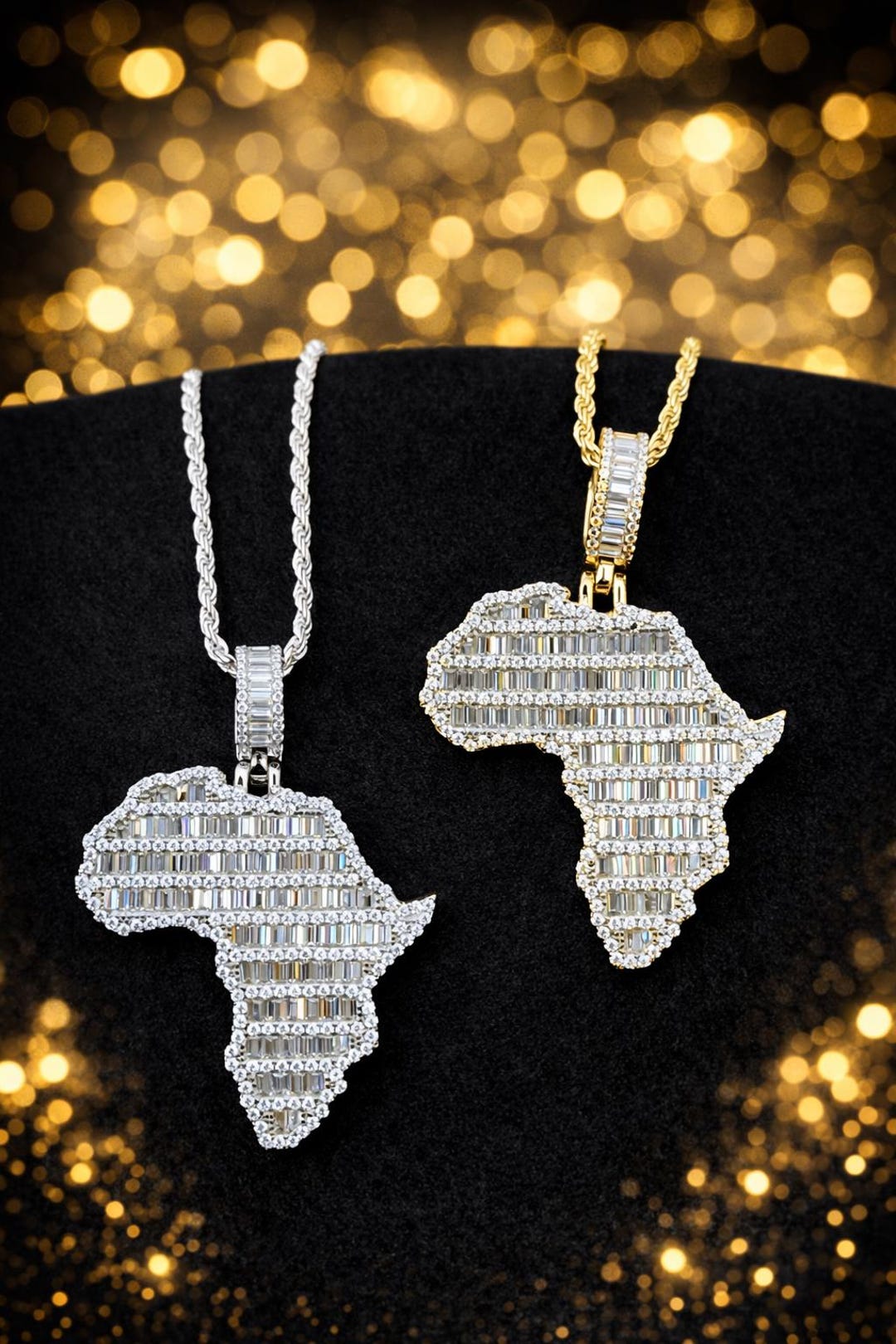 Iced Out Africa Pendant: 925 Sterling Silver, CZ Baguette, 14k