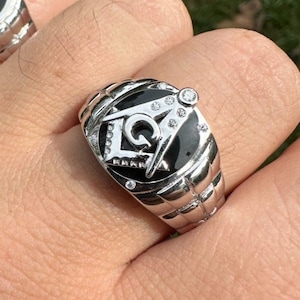 Anillo masónico con letra G de masón con moissanita helada para hombre, ónix y plata esterlina maciza 925, tamaños 6-13. ¡PASA LA PRUEBA DE DIAMANTES!