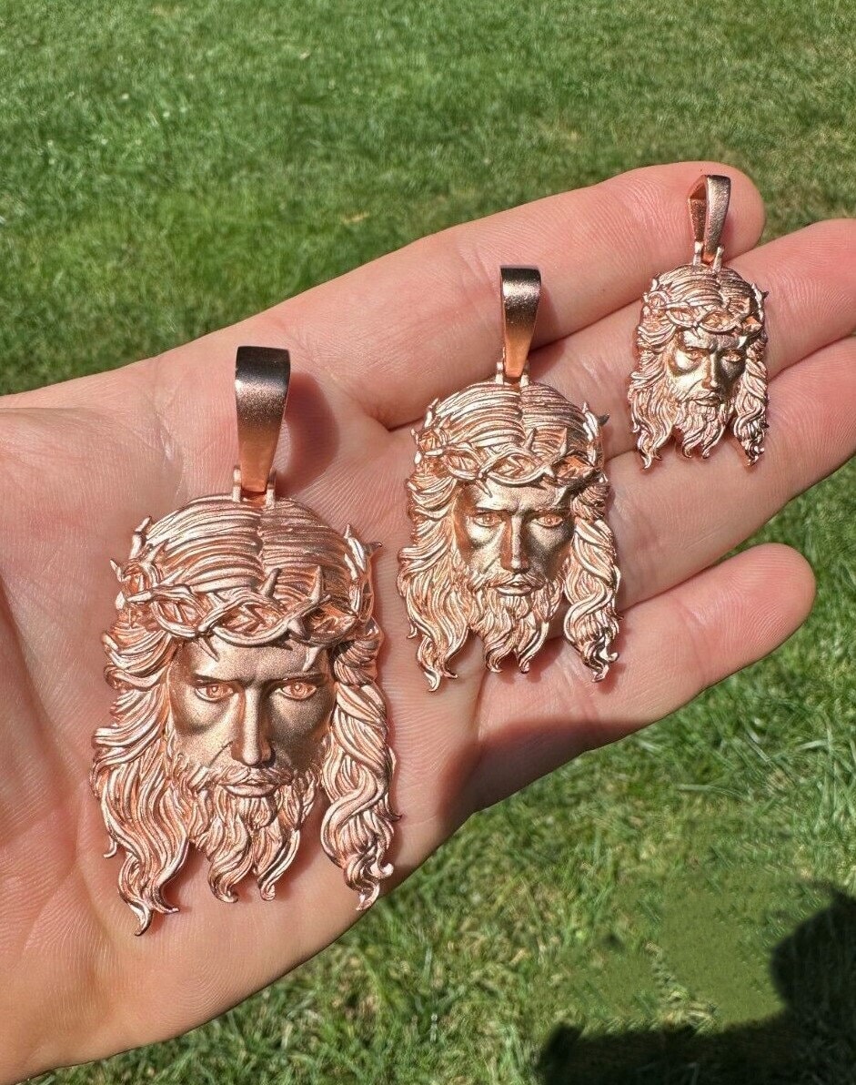 Rose Gold Vermeil on 925 Sterling Silver Jesus Pendants, Sand-Blasted Matte Finish Heavy Solid Back 3 Sizes: Small 1" Medium 1.5" Large 2.5"