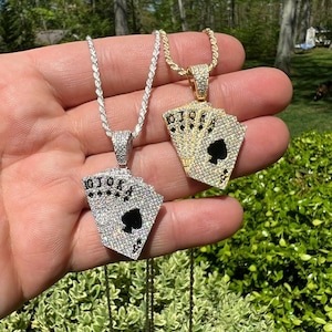 Herren Damen Super Icy MOISSANITE Pik As König Dame Royal Flush Poker Karten Anhänger 925er Silber/Gold PASSES DIAMOND Tester!!! Uhr-140