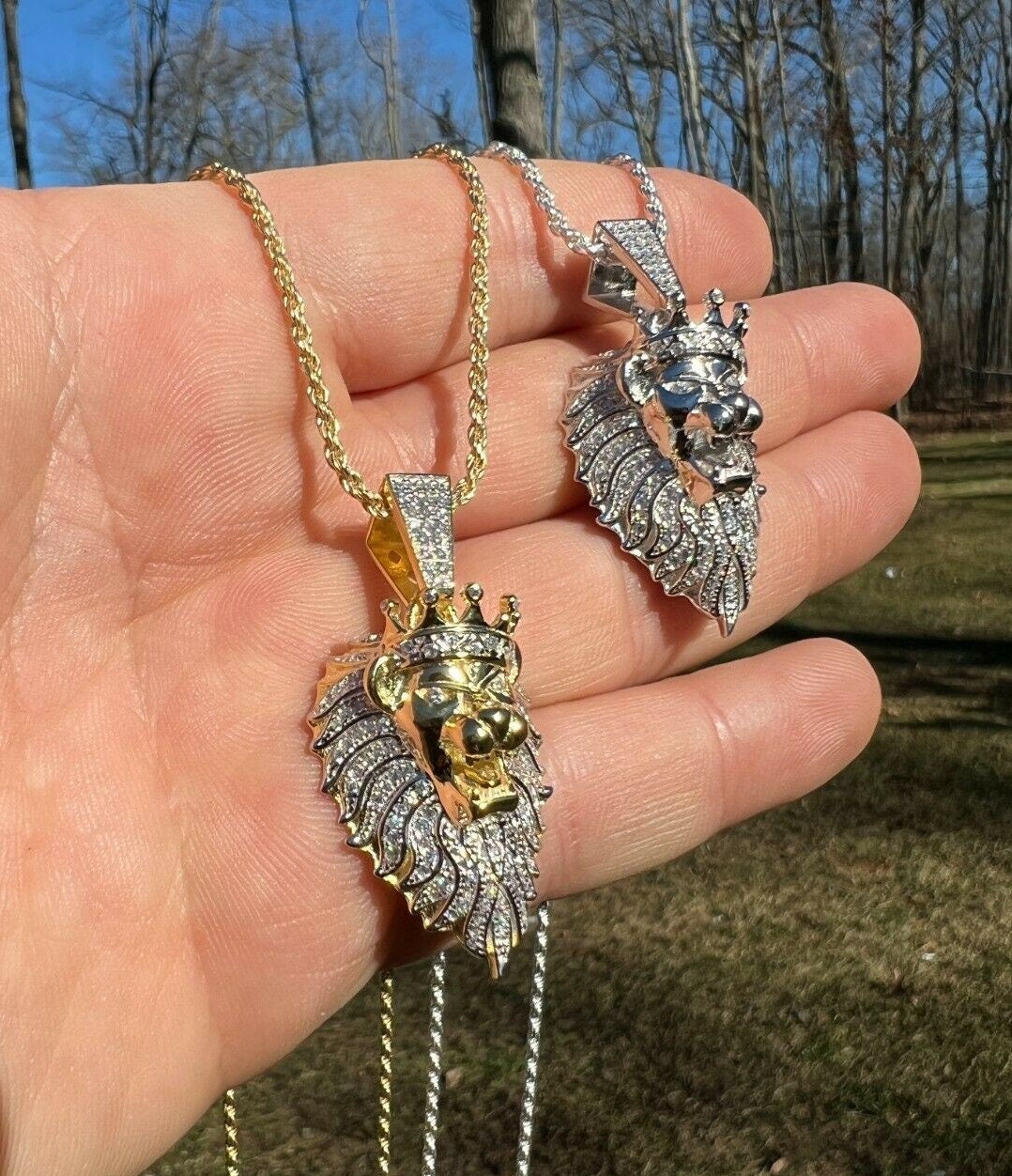 Iced Rasta Lion Pendant: 925 Sterling Silver King Crown Necklace