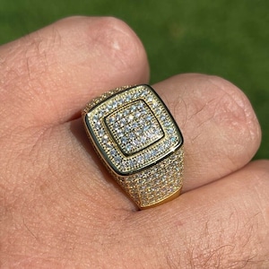 Men's Iced Out Moissanite Square Statement Pinky Ring 14K Gold over Solid 925 Sterling Silver, Sizes 6-13, PASSES DIAMOND TESTER!!!