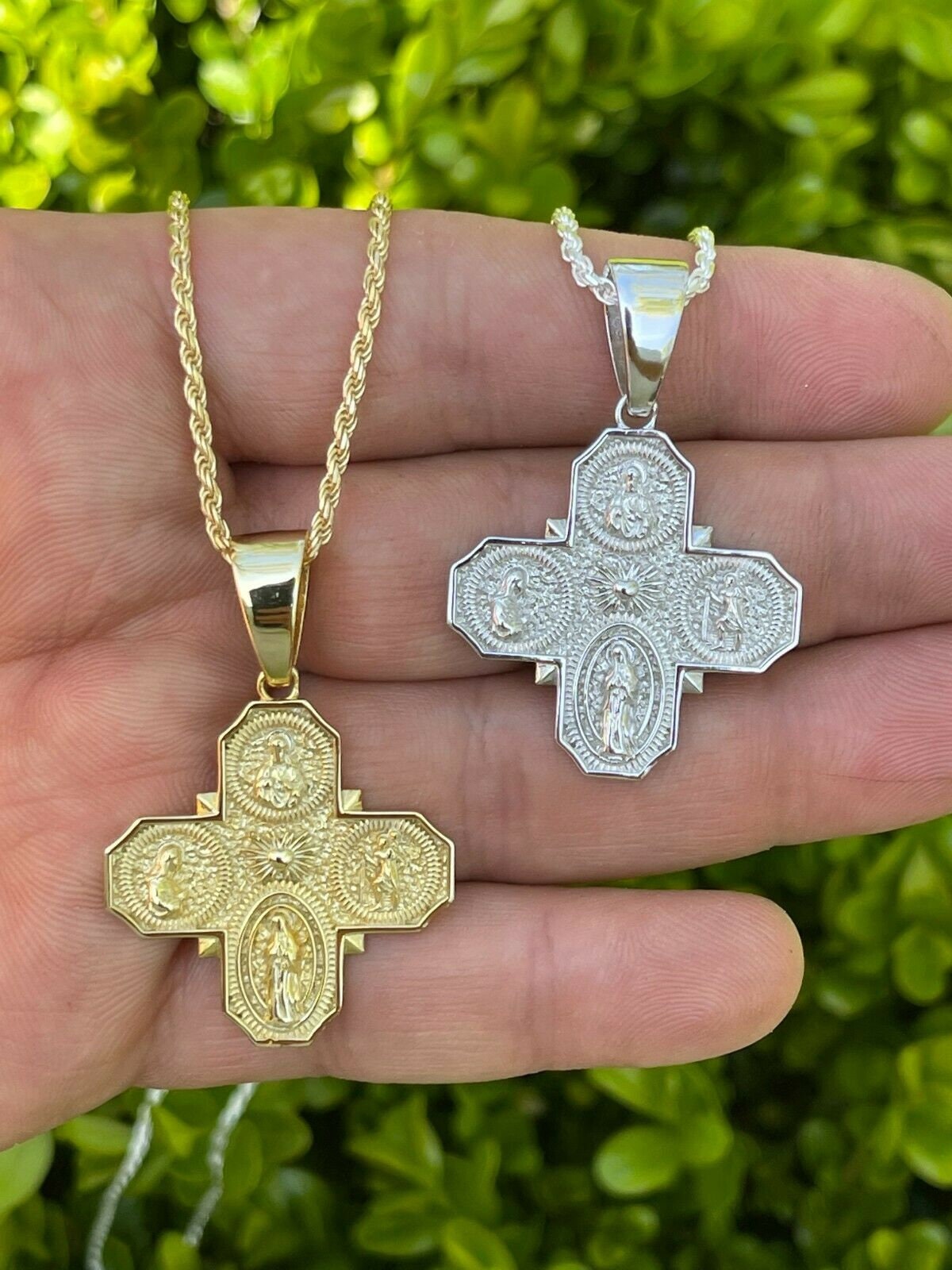 Catholic Jewelry in 14K Gold - Four Way Cross, Sacred Heart, Immaculate Heart 17”-18” Adjustable Necklace