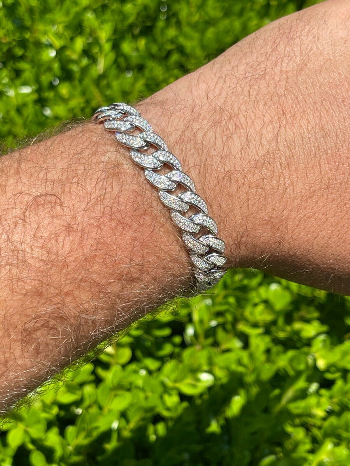 12mm Diamond Cuban Bracelet 14k White Gold Vermeil