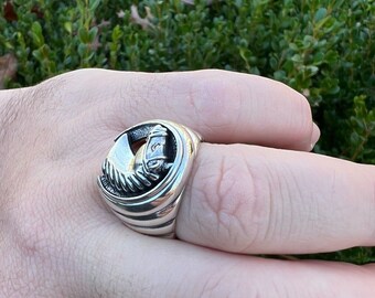 ズニ族AndreLonjosee作 Woodstock Silver Ring Signed Larry & Faye Lonjose Zuni Sterling Silver Thunderbird