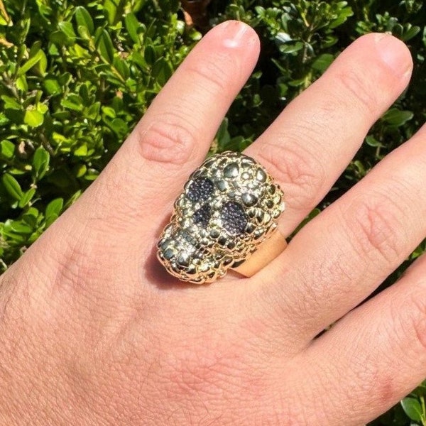 Men's Black Moissanite Skull Ring: Heavy Sterling Silver, 14K Gold Vermeil