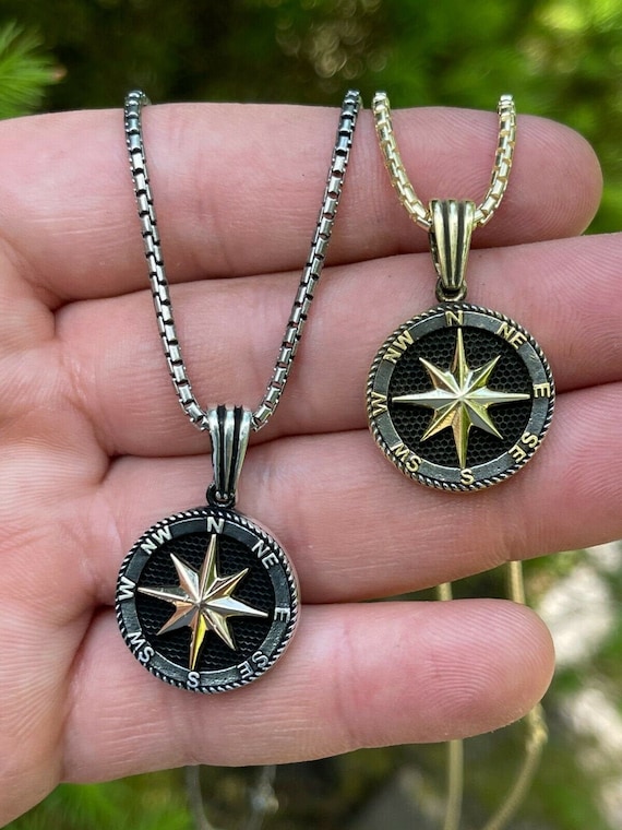 Buy Men s Women s 925 Sterling Navigational Star Sailor s Nautical Compass Pendant Oxidized Rhodium or Gold Finish 2mm Box Chain 18 30 Online in India Etsy