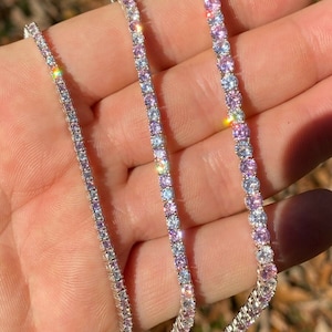 Pulsera de tenis para mujer y niña en plata esterlina 925 maciza con diamantes simulados transparentes y rosados de una hilera (CZ) de 6" a 8,5", 2 mm, 3 mm, 4 mm