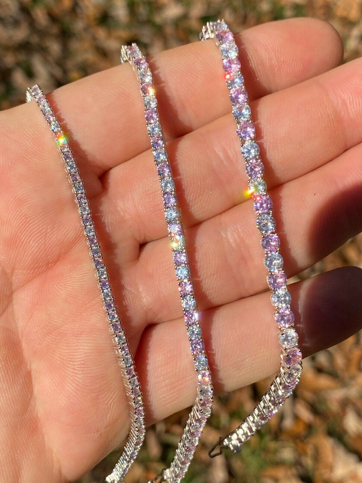 Women's Girl's SOLID 925 Sterling Silver Iced Out Tennis Bracelet Single Row Simulated Clear and Pink Diamonds (CZ) 6"-8.5", 2mm, 3mm, 4mm