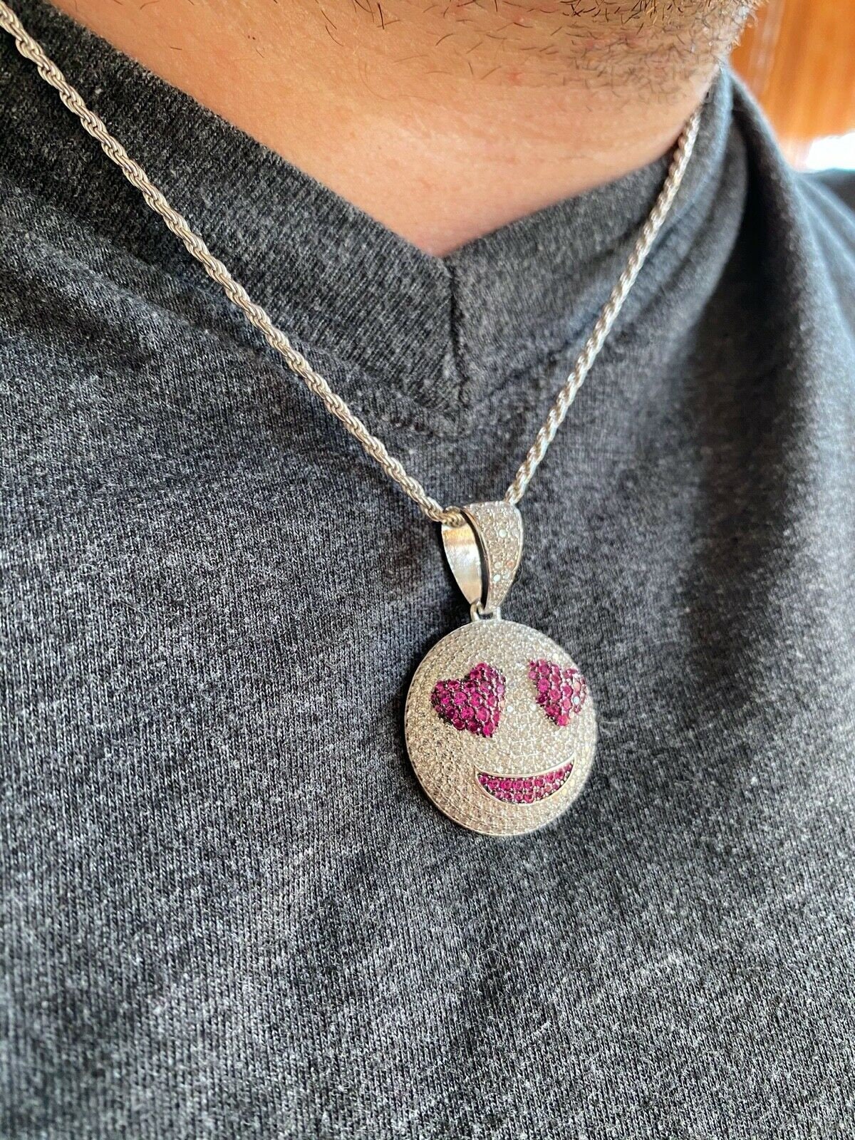 Custom Made Solid 925 Sterling Silver Love Smiley Face Heart Eyes 
