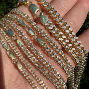 DIAMOND CUT Two Tone Gold & 925 Sterling Silver Miami Cuban Chains 16&quot;-28&quot; OR Braclets 7&quot;-8.5&quot; (not sold as a set), 3mm, 4mm, 5mm 7mm widths