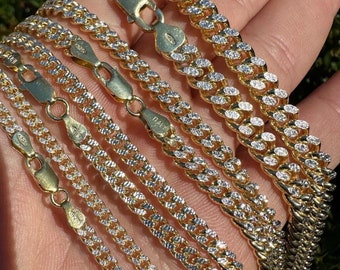 Two Tone Diamond Cut Miami Cuban Chain, 925 Sterling Silver, Gold Vermeil
