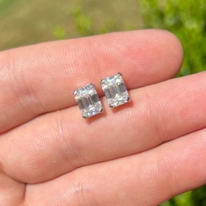 MOISSANITE Emerald Cut Solitaire Stud Earrings Solid 925 Sterling Silver, PASSES DIAMOND Tester! 4ct tw, 2ct each stone (6mm x 8mm)