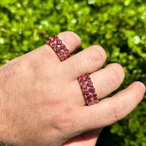 Mens Women&#39;s 925 Sterling Silver Iced Out Tennis 10mm Ruby Red Colored MOISSANITE Tennis Band Eternity Ring PASSES DIAMOND Tester Sizes 6-13