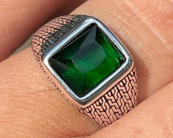 Men's Solid 925 Oxidized Sterling Silver Square Green Emerald Pinky Ring Size 7, 8, 9, 10, 11, 12, 13....R317A
