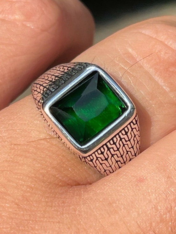 Men's Solid 925 Oxidized Sterling Silver Square Green