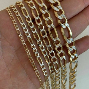 Heren Dames massief 925 sterlingzilver 14k gouden afwerking Diamantgeslepen tweekleurige Figaro-ketting 3 mm - 10 mm, 16"-30", OF-armbanden 7"-9"